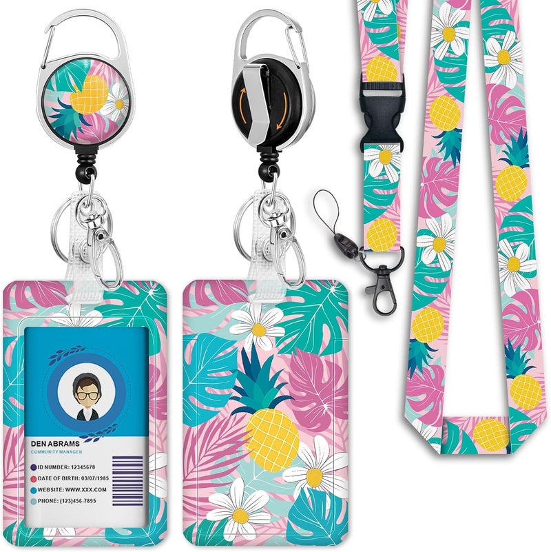 GIANCOMICS Tropical Plant Lanyards for Id Badges, ID Badge Holder with Retractable Reel, Teacher Lanyard with Keychain Clip Name Tag Card Holder for Women Gift - Image 1